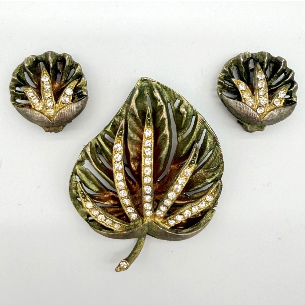 Vintage Leaf Brooch Earring Set Rhinestone Gold‎ Tone Mid Century Jewelry